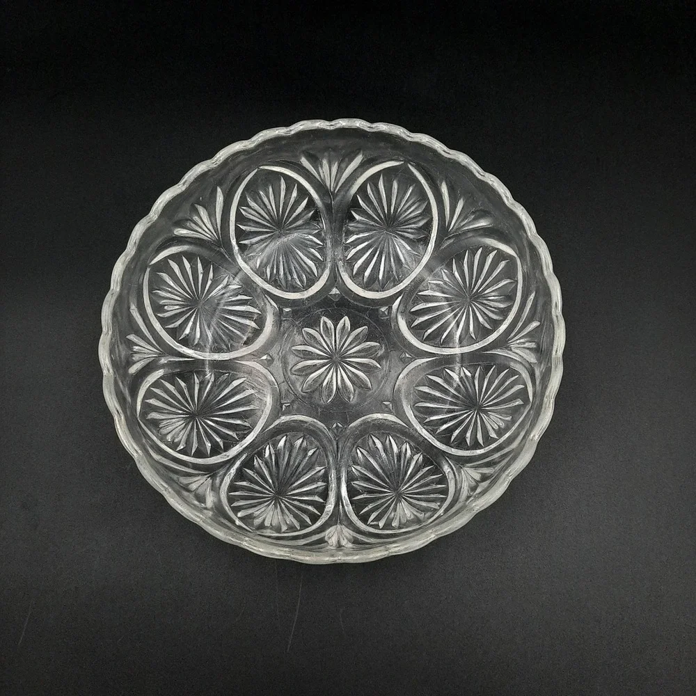 Two Vintage Pressed Glass Bowls‎ with Scalloped Edge & Starburst Arches Pattern